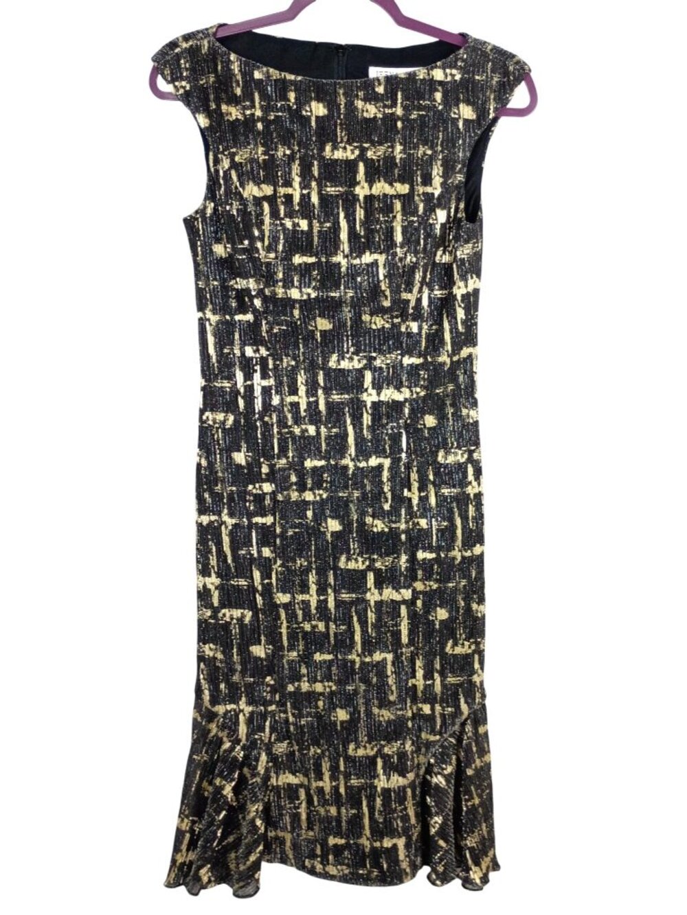 Ieena for Mac Duggal Gold Black Metallic Ruffle Hem Midi Dress Womens 2 Sleevele